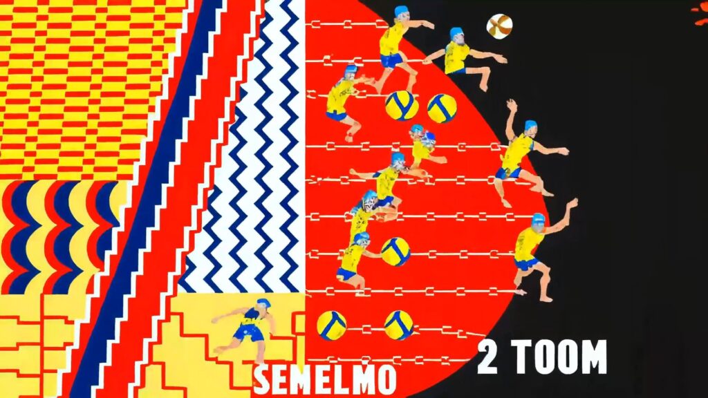 Abstract, high‑contrast AI‑generated video frame with quilt‑like geometric patterns.