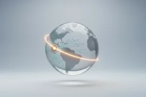 Glass globe with circuit lines and a single glowing link to a new node, symbolizing API-powered expansion into a new market.