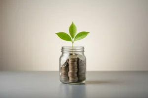 Glass jar of stacked coins with a small green sapling on a soft neutral background, symbolizing patient, compounding growth.