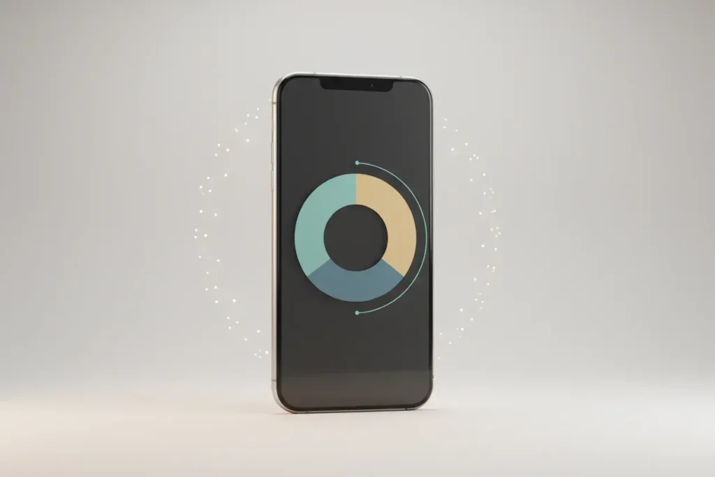 Minimal smartphone with clean charts and a subtle AI glow, symbolizing AI-guided budgeting and financial control on a soft background.