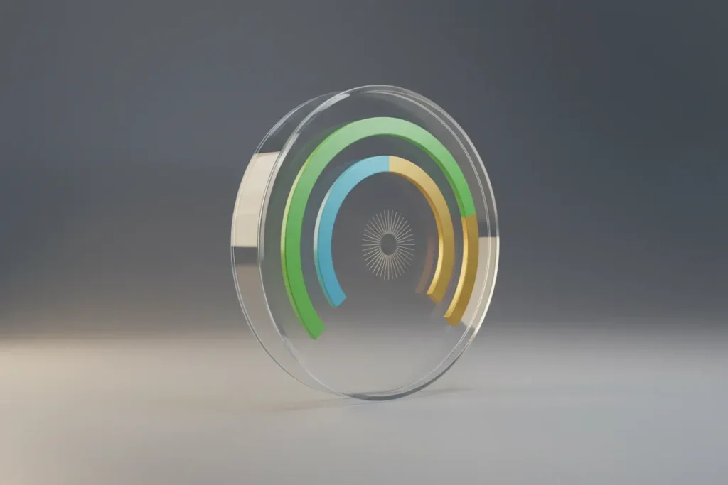 Glass circular gauge with three concentric progress arcs, symbolizing standardized, transparent impact reporting on a neutral background.