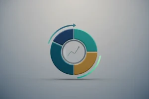 Donut chart rebalancing with subtle arrow on soft gray background, symbolizing automated portfolio shift and improved results.