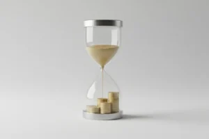 Minimalist hourglass with gold grains forming ascending coin stacks, symbolizing early retirement saving and compounding.