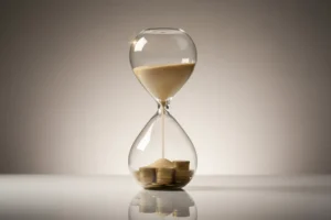 Glass hourglass where sand turns into neat coin stacks in the lower bulb on a soft neutral background, symbolizing automated wealth growth.