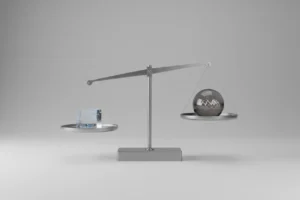 Minimalist balance scale: glass AI-circuit cube outweighed by smoky orb of market uncertainty on a soft gray background.