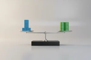 Minimalist balance scale with equal blue and green block stacks on a soft gradient background, symbolizing automated portfolio rebalancing.