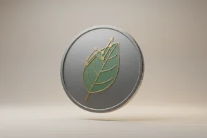 Single coin with embossed leaf and circuit-like veins on a soft neutral background.