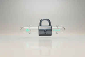 Transparent pipeline with a lock-shaped valve regulating a secure data flow on a soft neutral background.