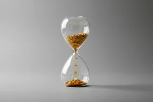 Glass hourglass on soft gray background with gold particles flowing through the neck, symbolizing business cash flow and timing.