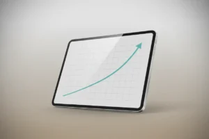 Tablet on neutral background showing a clean rising line chart, conveying a trusted retirement-planning resource.