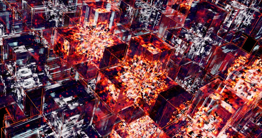 Abstract illuminated digital cubes representing a blockchain network