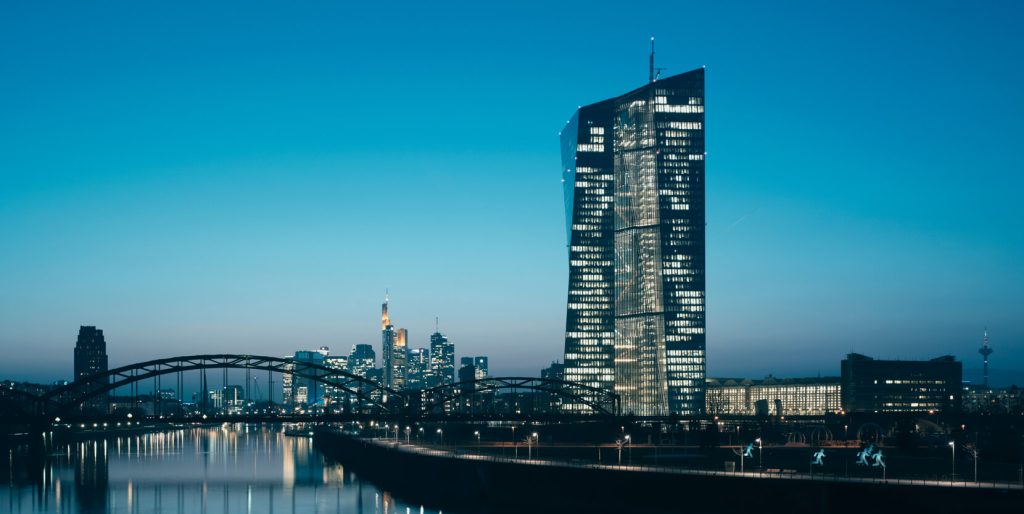 European Central Bank headquarters beside the Main River at dusk