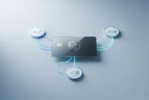Digital payment card connected to personalized financial insights, savings guidance, and offers through glowing API lines