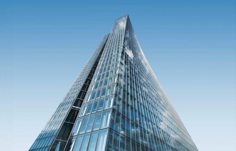 European Central Bank glass tower seen from below