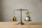 Balanced brass scale weighing gold coins against a green seedling, symbolizing evaluation of an investment opportunity.