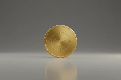 Single gold coin with sprout and compass engraving on a neutral background, symbolizing guided growth in impact investing.