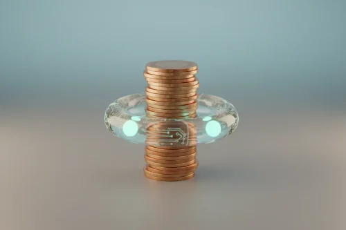 Glassy ring encircling a neat stack of metallic coins on a soft gradient background, symbolizing API-driven open banking.