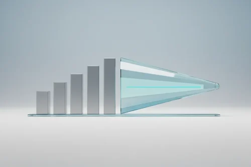 Minimalist 3D chart with few solid bars turning into a translucent forecast cone on a soft gray background.