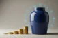 AI-guided savings jar with a subtle digital halo and growing stack of coins, symbolizing improved financial well-being.