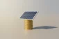 Single solar panel on a stack of coins, soft neutral background, symbolizing impact investment in clean energy and climate action.
