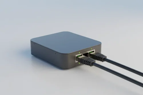 Minimalist network gateway with two active Ethernet cables and steady green link lights on a soft gradient background.
