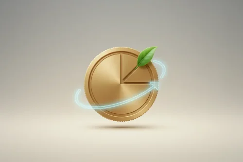 Segmented coin shaped like a donut chart with a green leaf and circular arrow on a soft neutral background.
