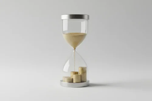 Minimalist hourglass with gold grains forming ascending coin stacks, symbolizing early retirement saving and compounding.