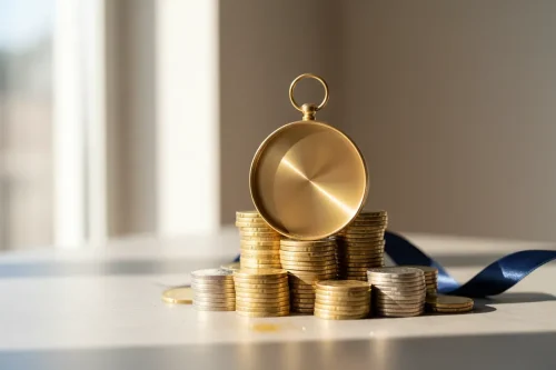 Brass compass resting on neatly stacked coins, symbolizing disciplined direction in business finances.