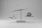 Minimalist balance scale: glass AI-circuit cube outweighed by smoky orb of market uncertainty on a soft gray background.