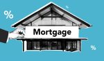 Cutout paper composition of realtor with inscription mortgage over house for purchases with payment of interest on amount of
